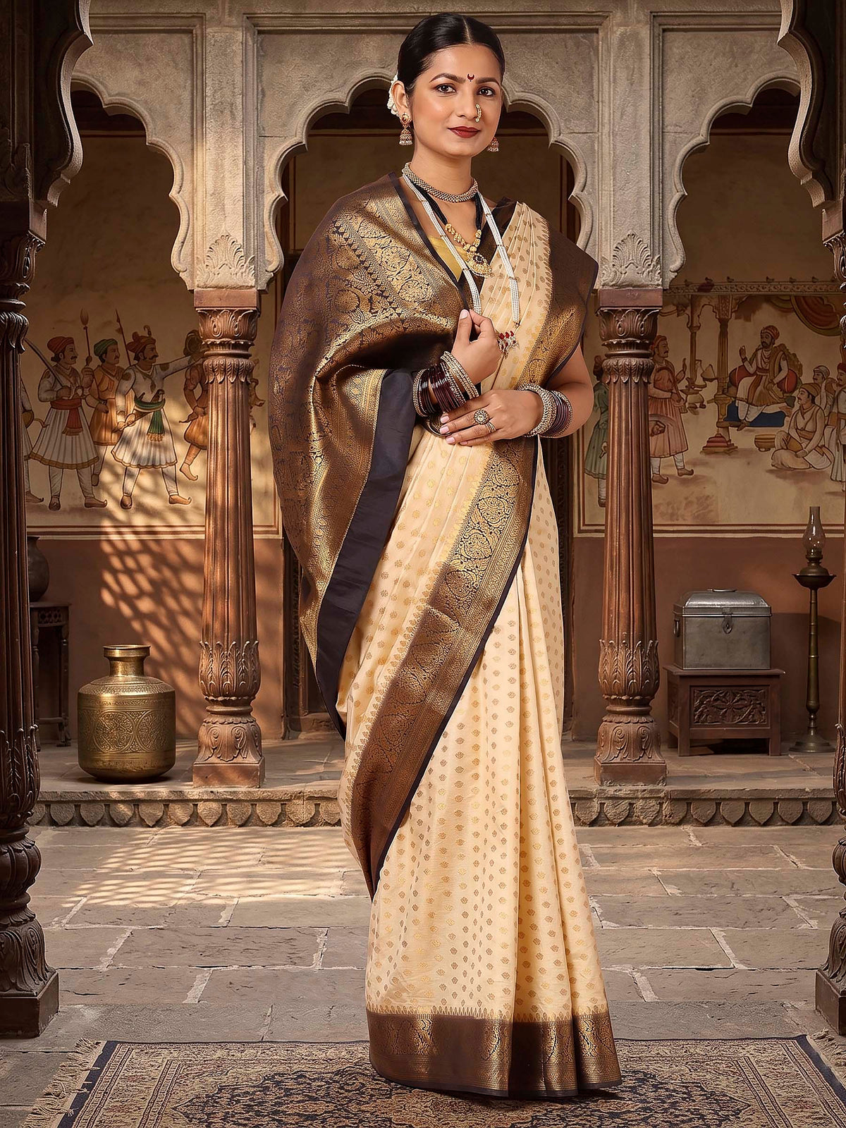 Off White Black Woven Design Balaton Saree