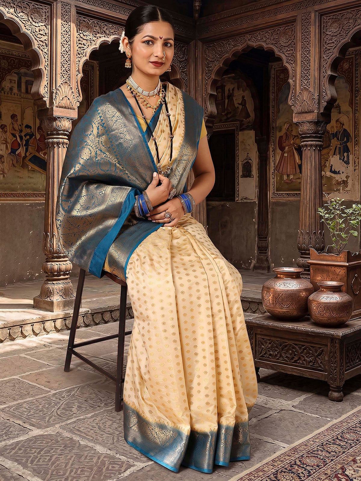 Off White Blue Woven Design Balaton Saree
