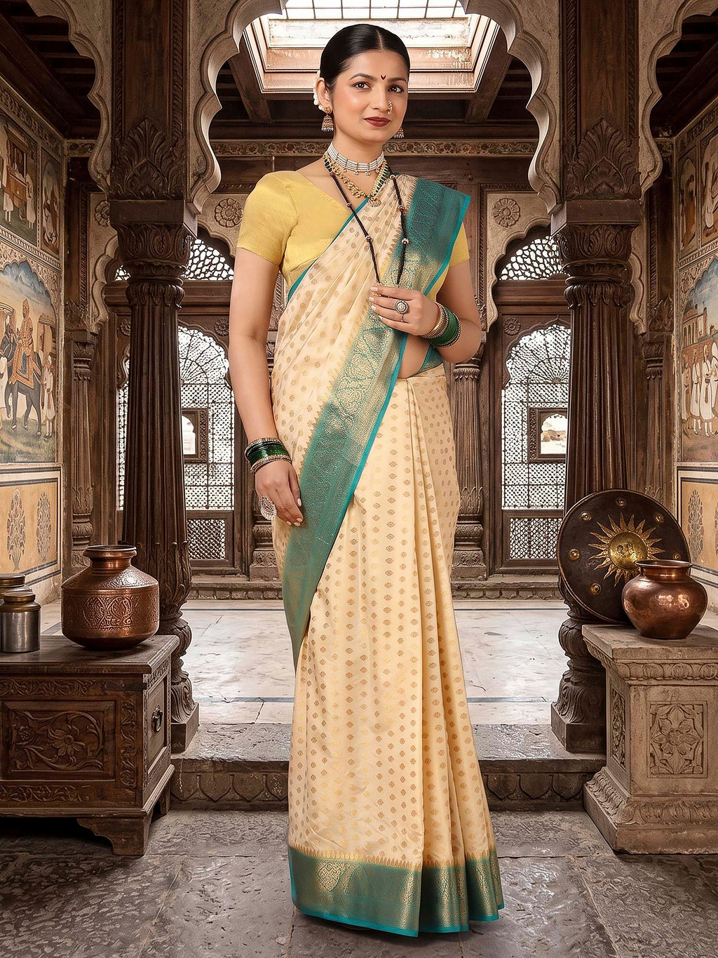 Off White Dark Blue Woven Design Balaton Saree