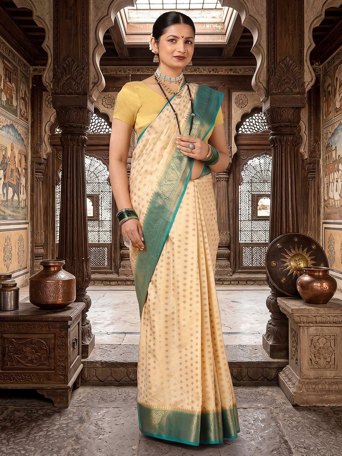 Off White Dark Blue Woven Design Balaton Saree