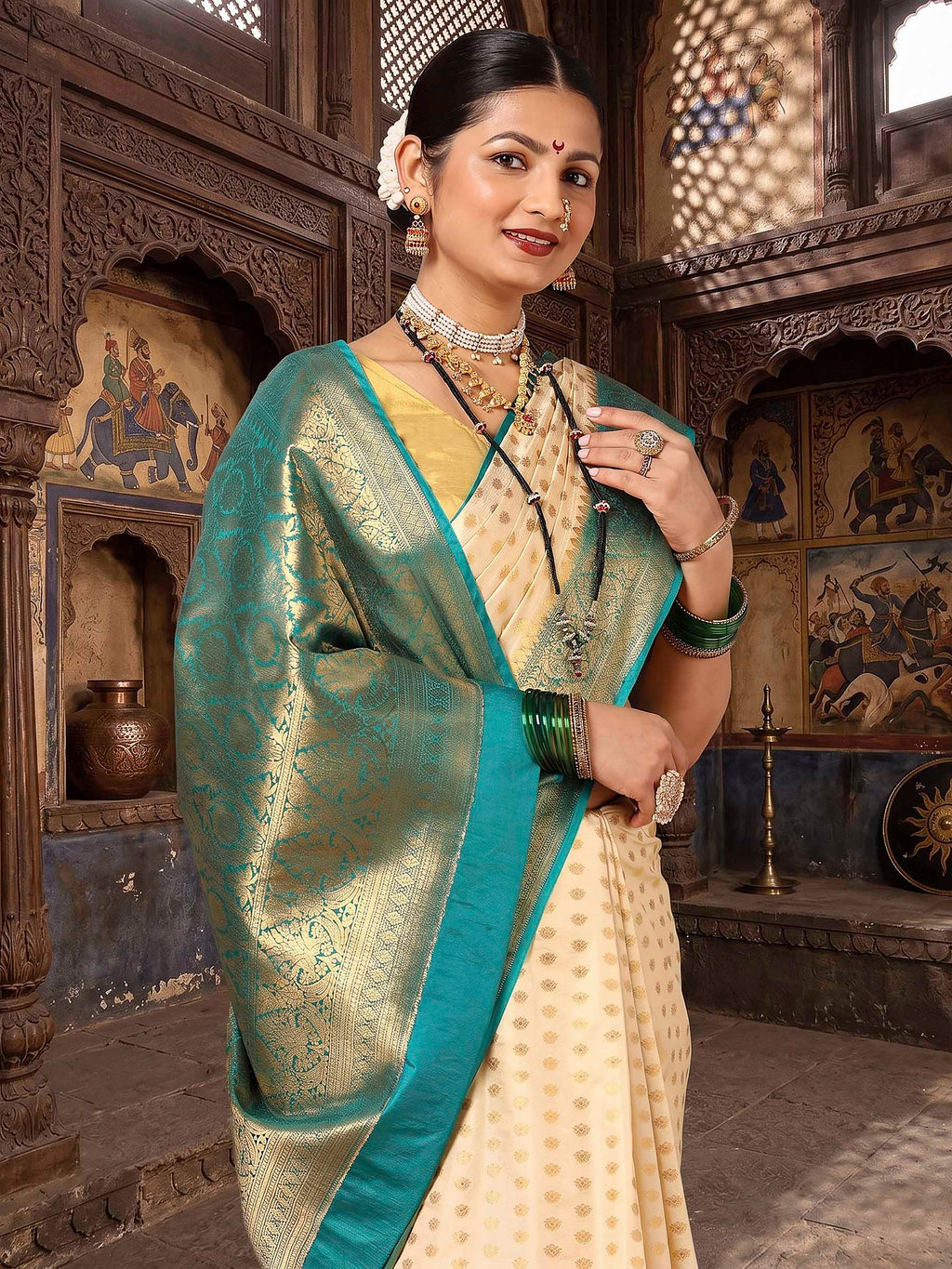 Off White Dark Blue Woven Design Balaton Saree