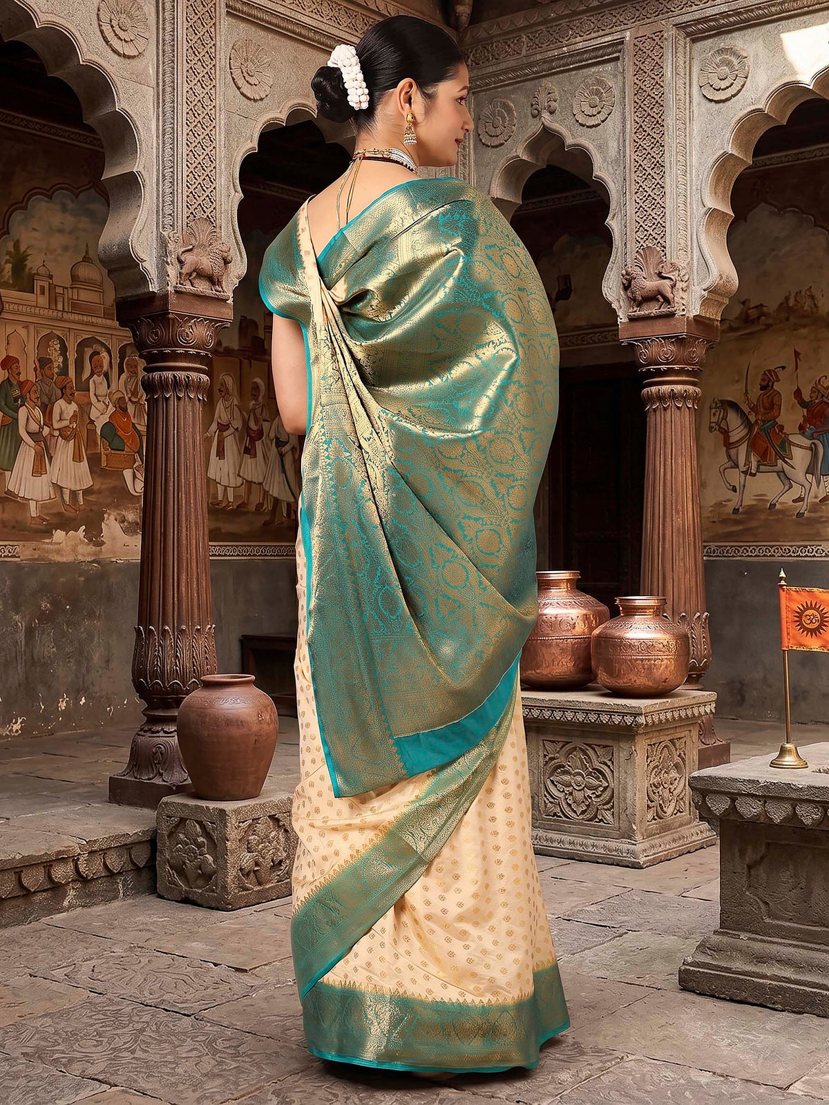 Off White Dark Blue Woven Design Balaton Saree