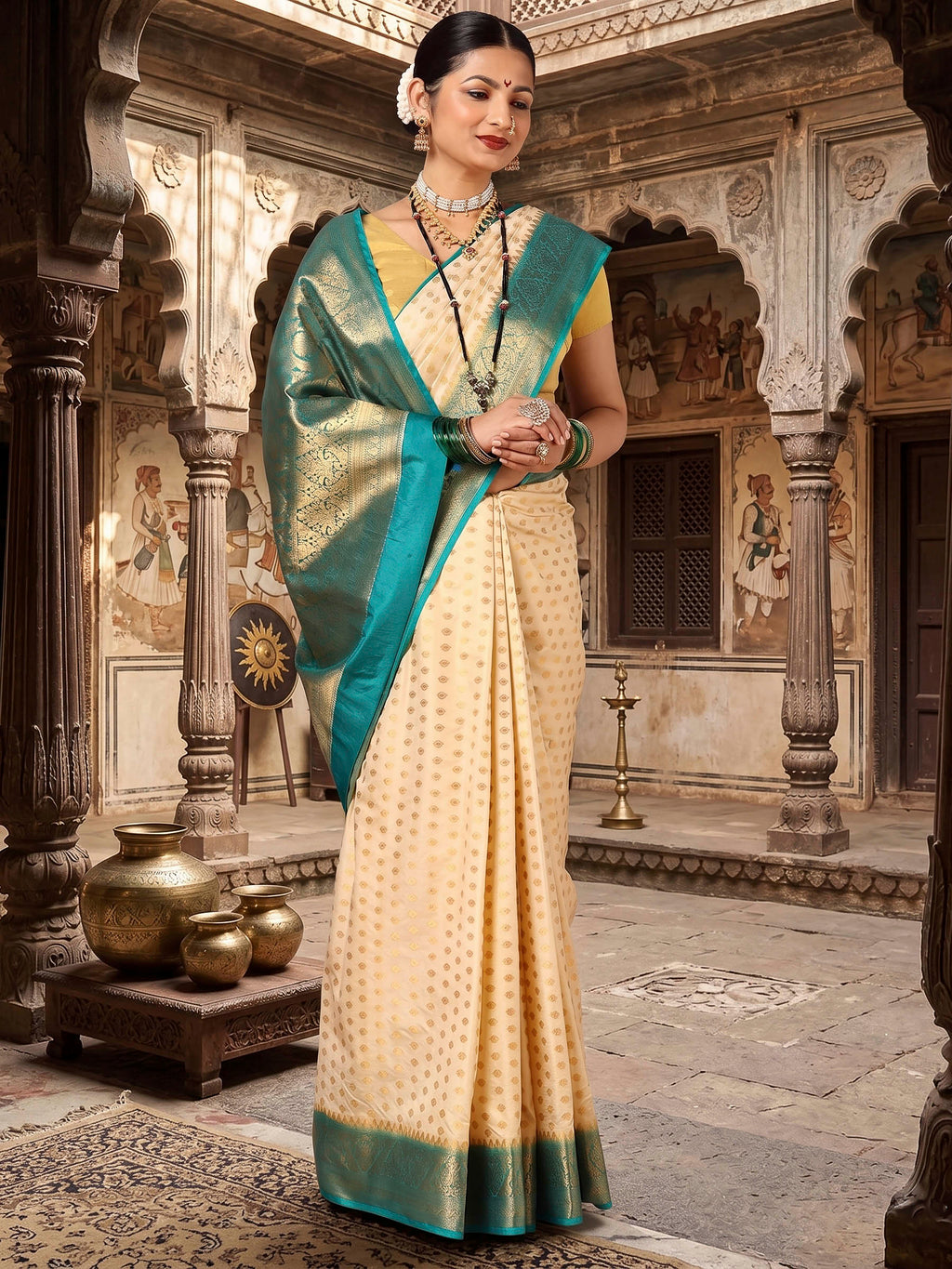 Off White Dark Blue Woven Design Balaton Saree