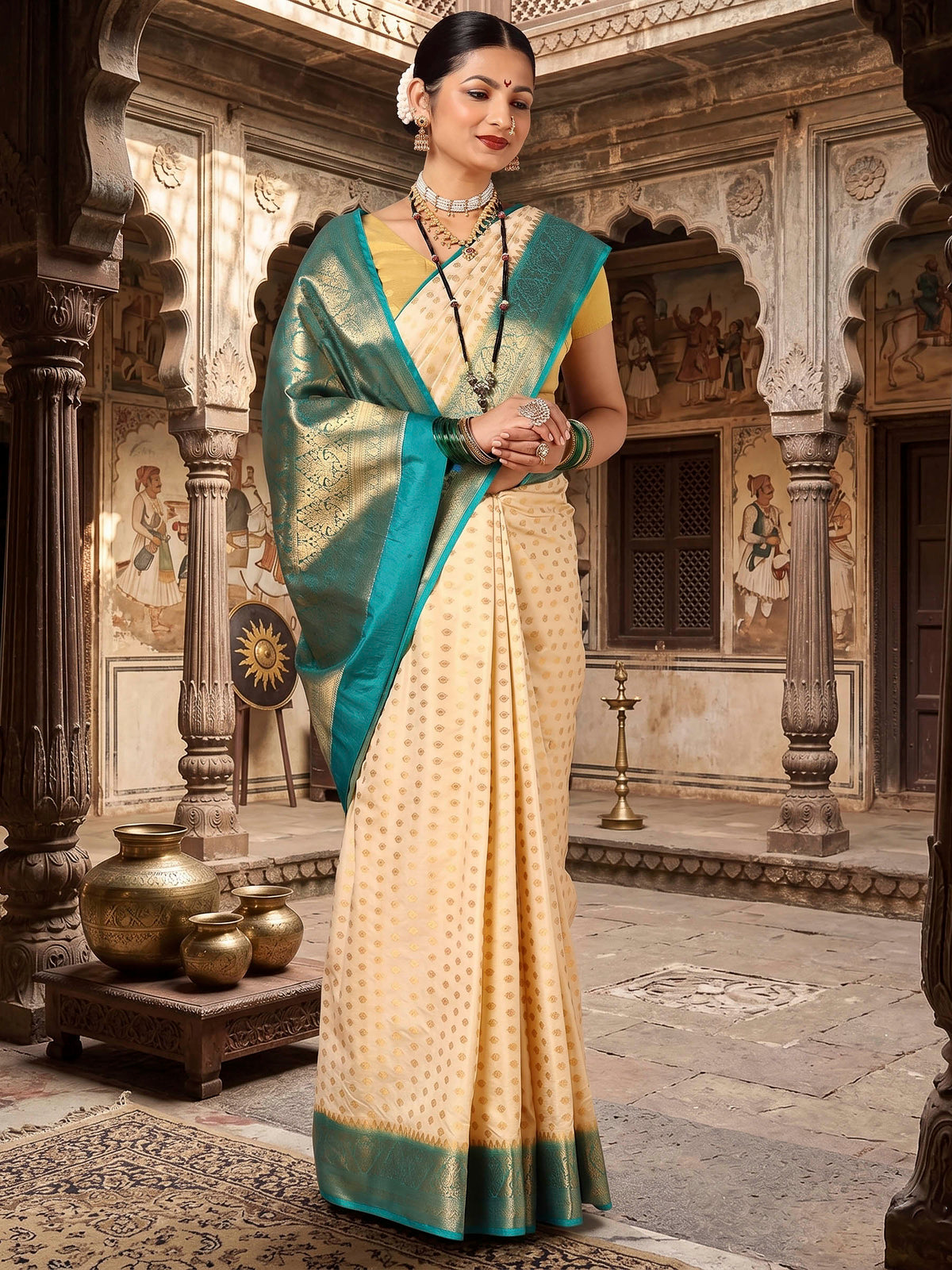 Off White Dark Blue Woven Design Balaton Saree