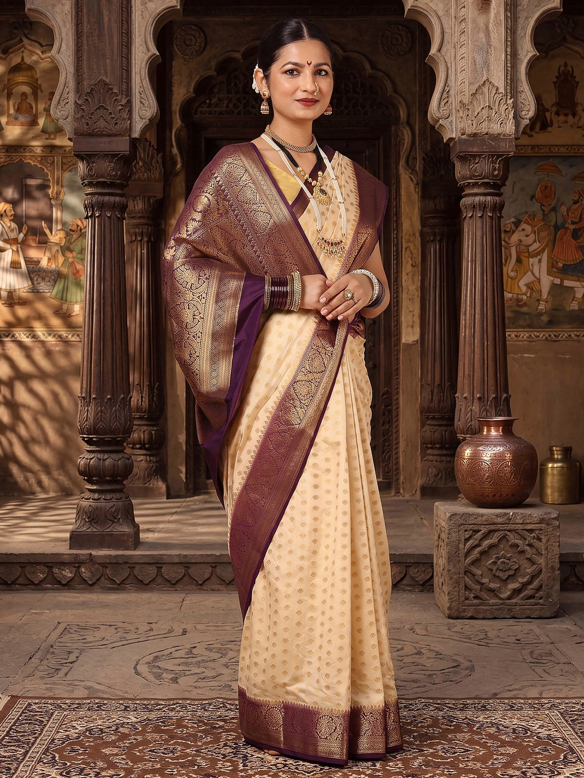 Off White Maroon Woven Design Balaton Saree