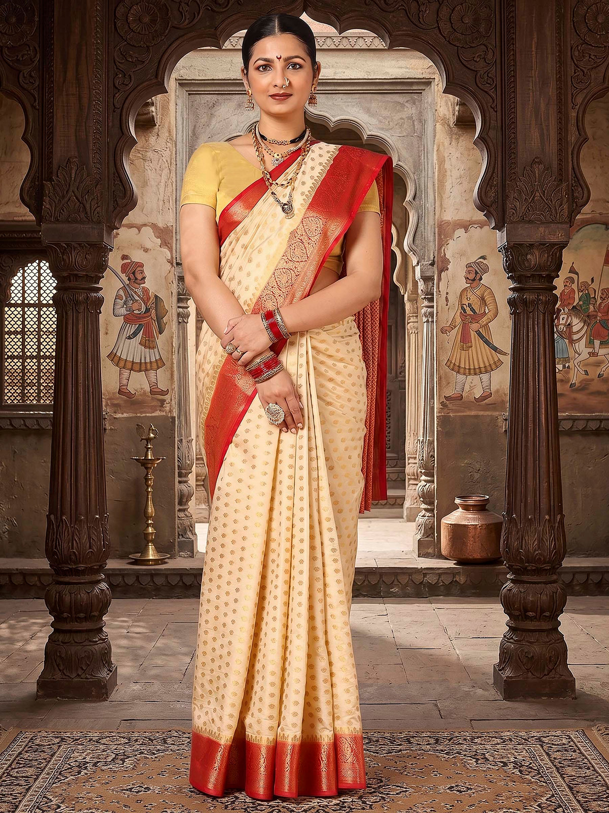 Off White Red Woven Design Balaton Saree