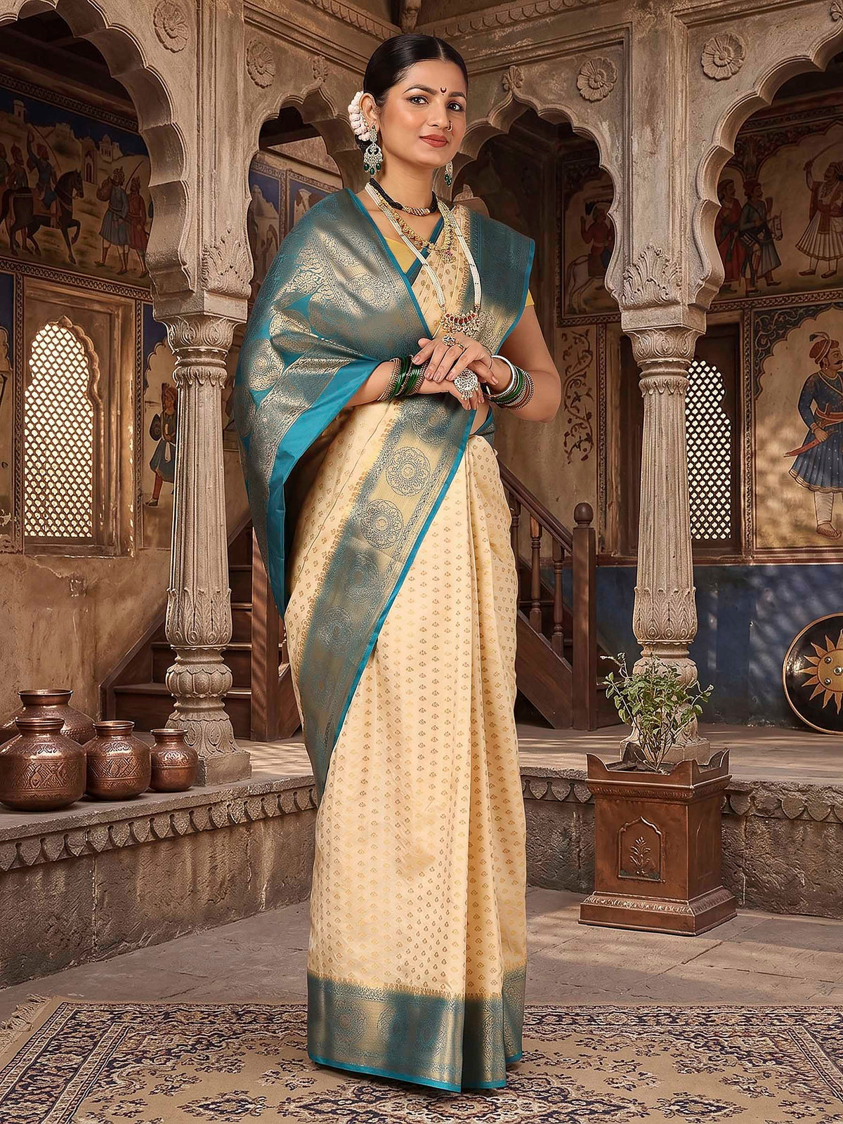 Off White Dark Blue Woven Design Balaton Saree