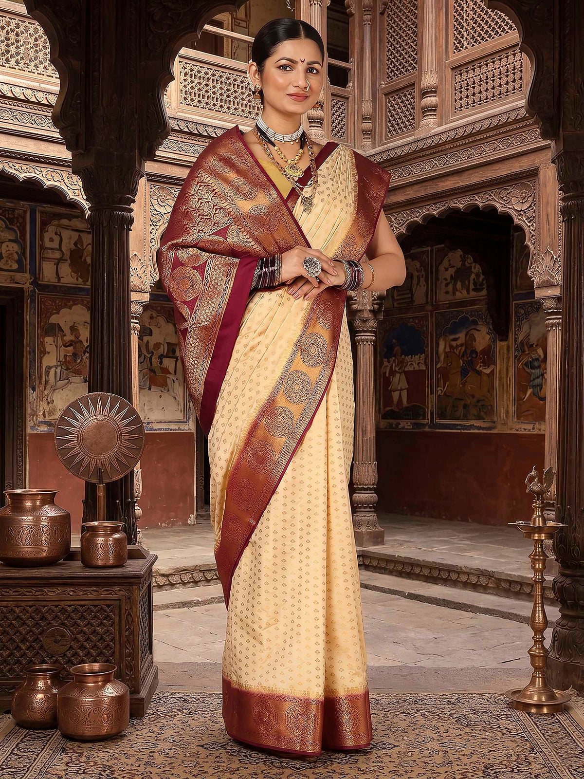 Off White Maroon Woven Design Balaton Saree