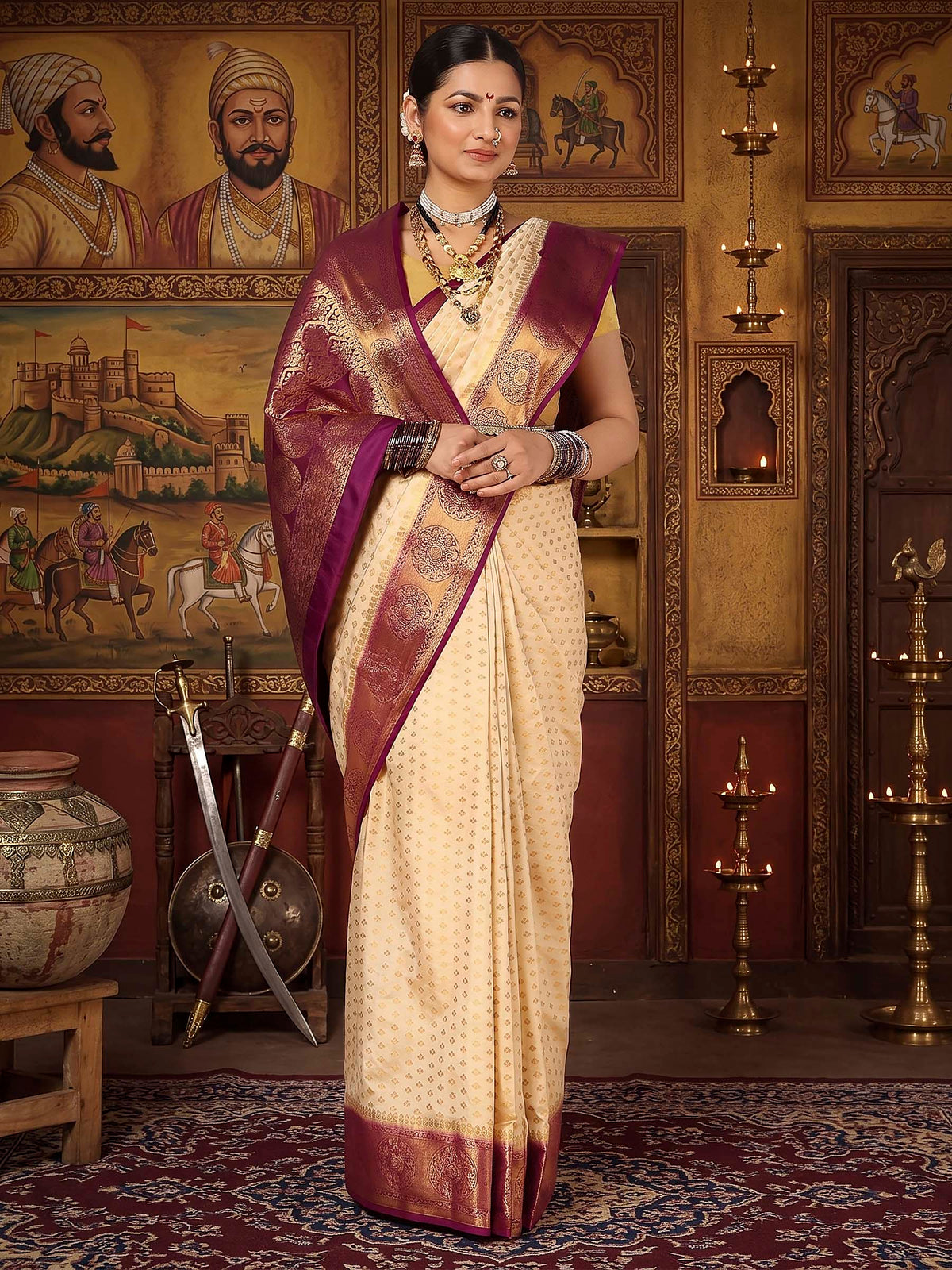 Off White Purple Woven Design Balaton Saree