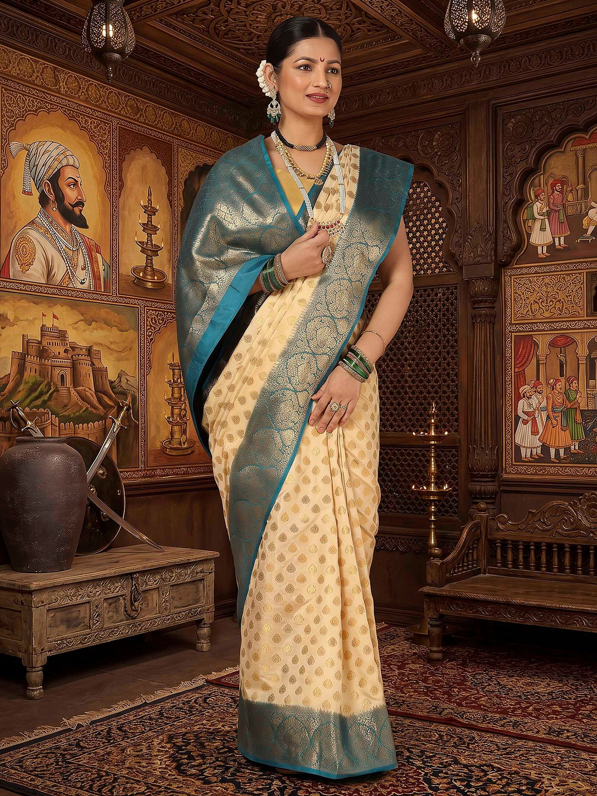 Off White Blue Woven Design Balaton Saree