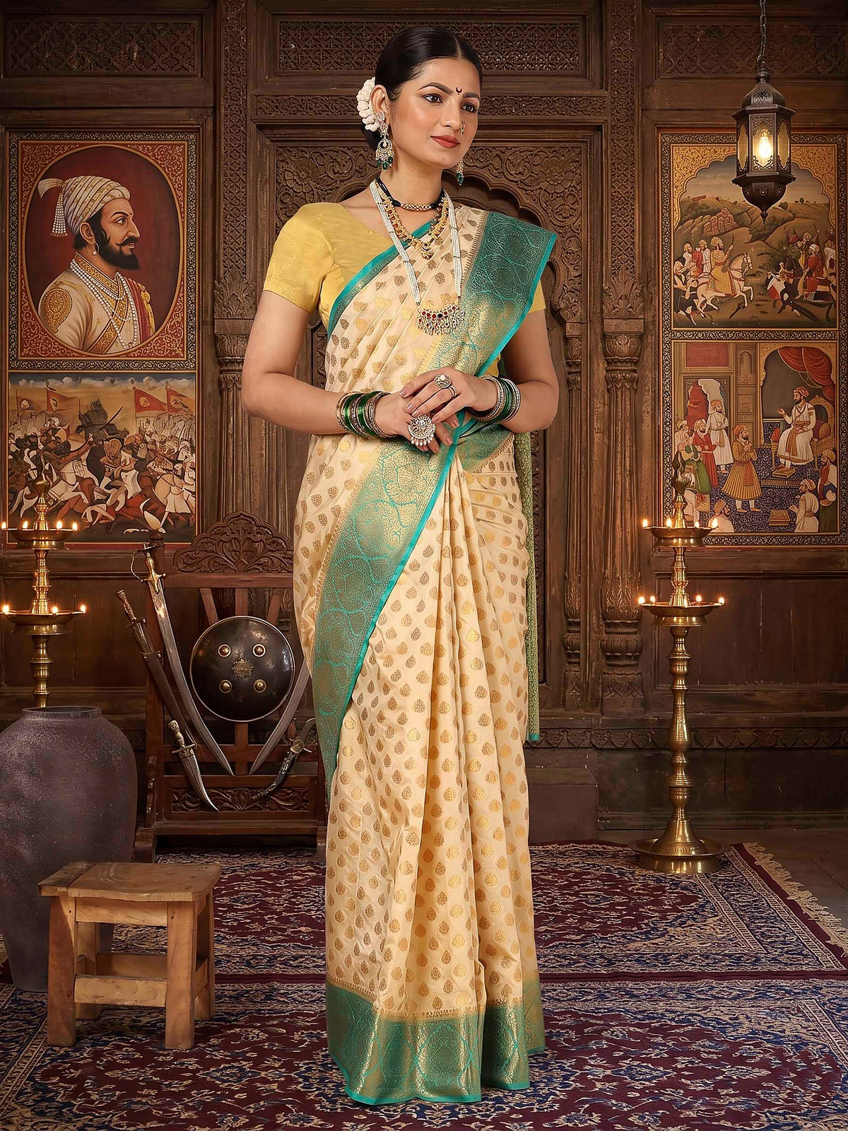 Off White Dark Blue Woven Design Balaton Saree