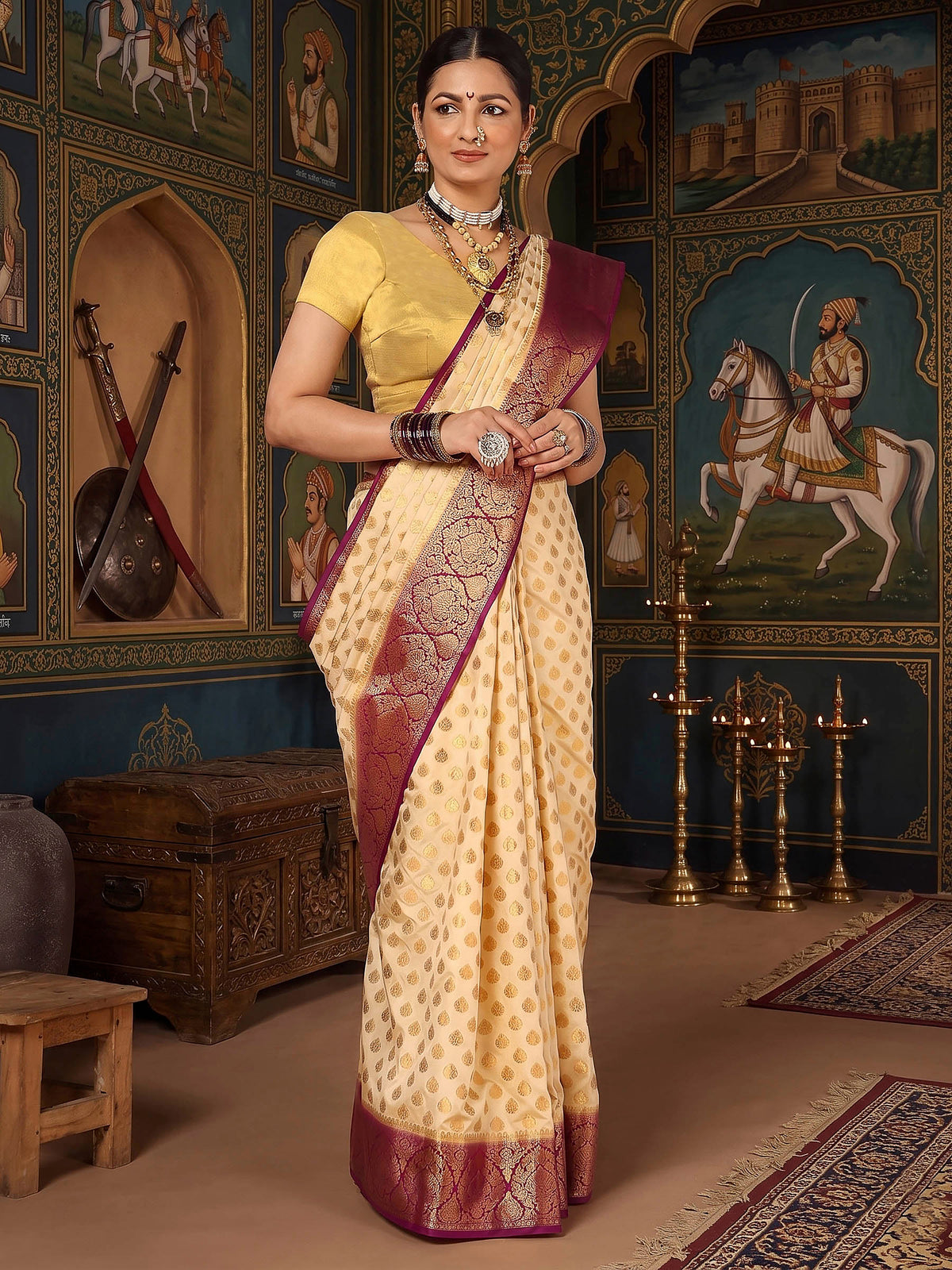 Off White Maroon Woven Design Balaton Saree