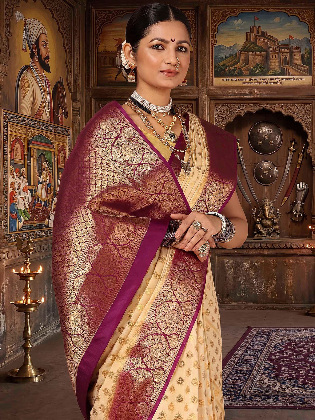 Off White Maroon Woven Design Balaton Saree