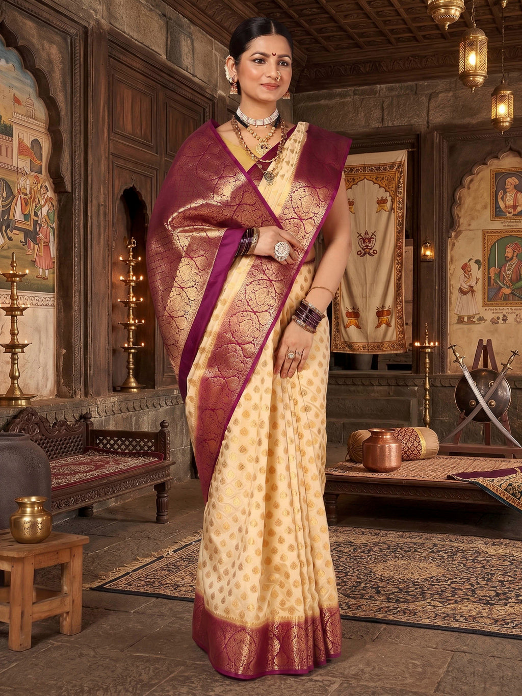 Off White Maroon Woven Design Balaton Saree