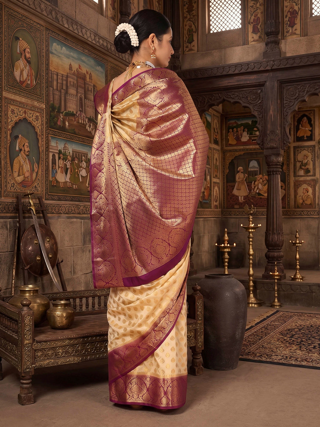 Off White Maroon Woven Design Balaton Saree