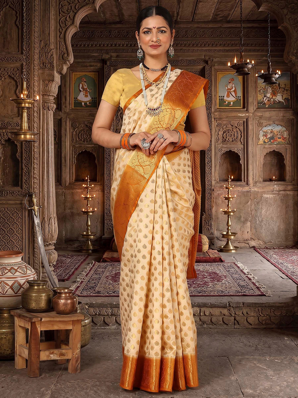 Off White Mustard Woven Design Balaton Saree