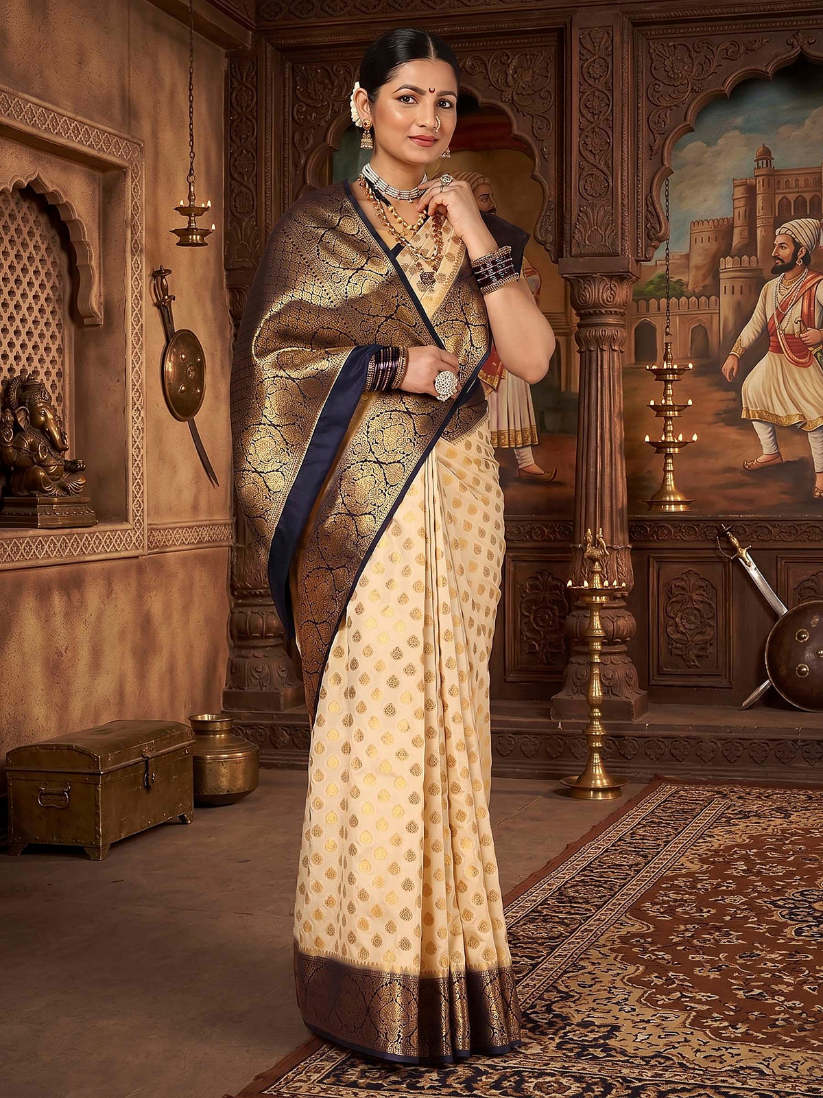 Off White Navy Woven Design Balaton Saree