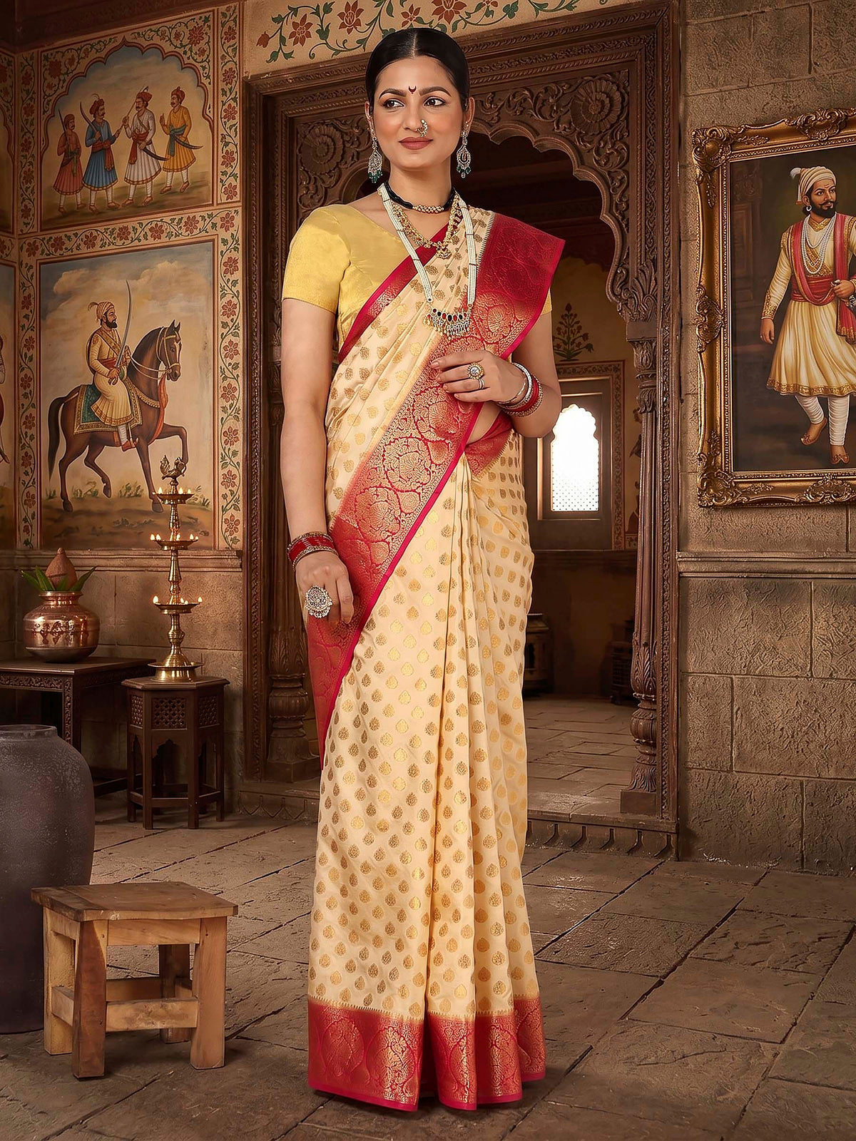 Off White Rani Pink Woven Design Balaton Saree
