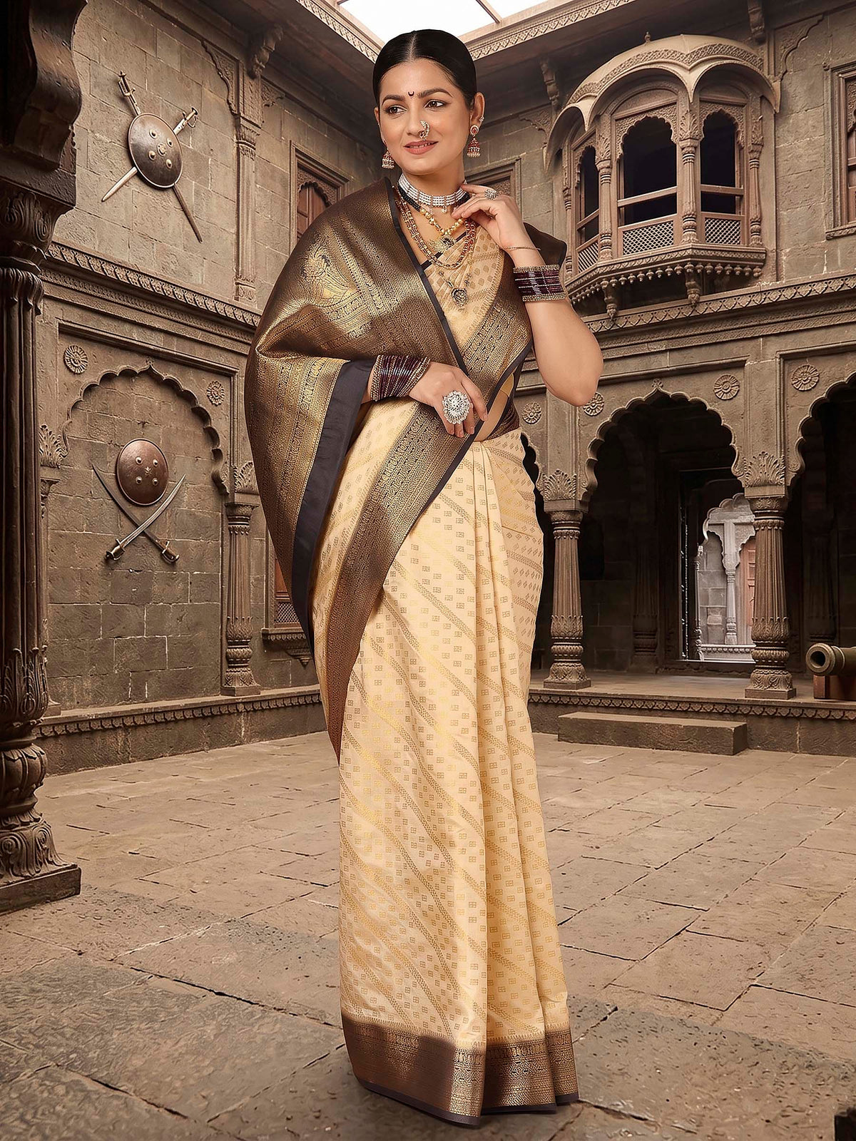 Off White Black Woven Design Balaton Saree
