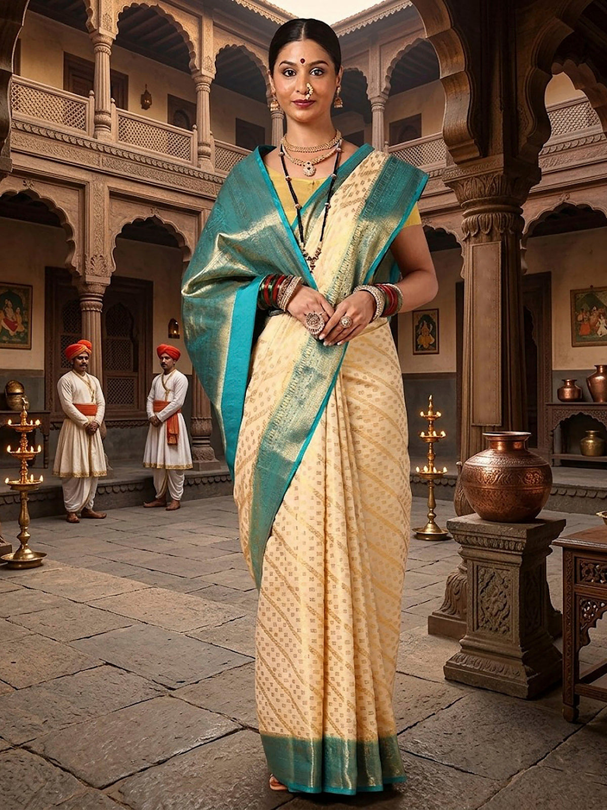 Off White Dark Blue Woven Design Balaton Saree