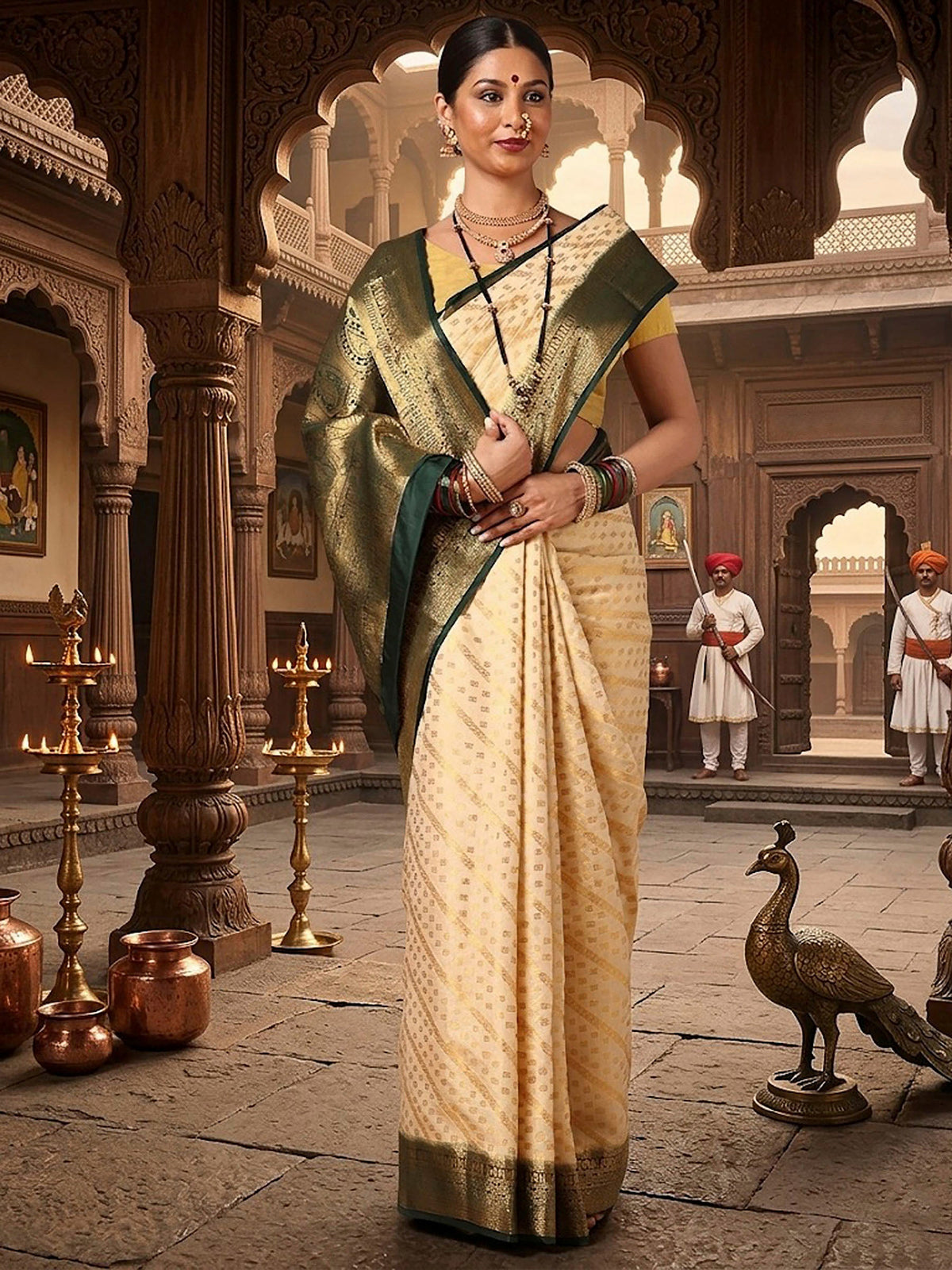 Off White Green Woven Design Balaton Saree