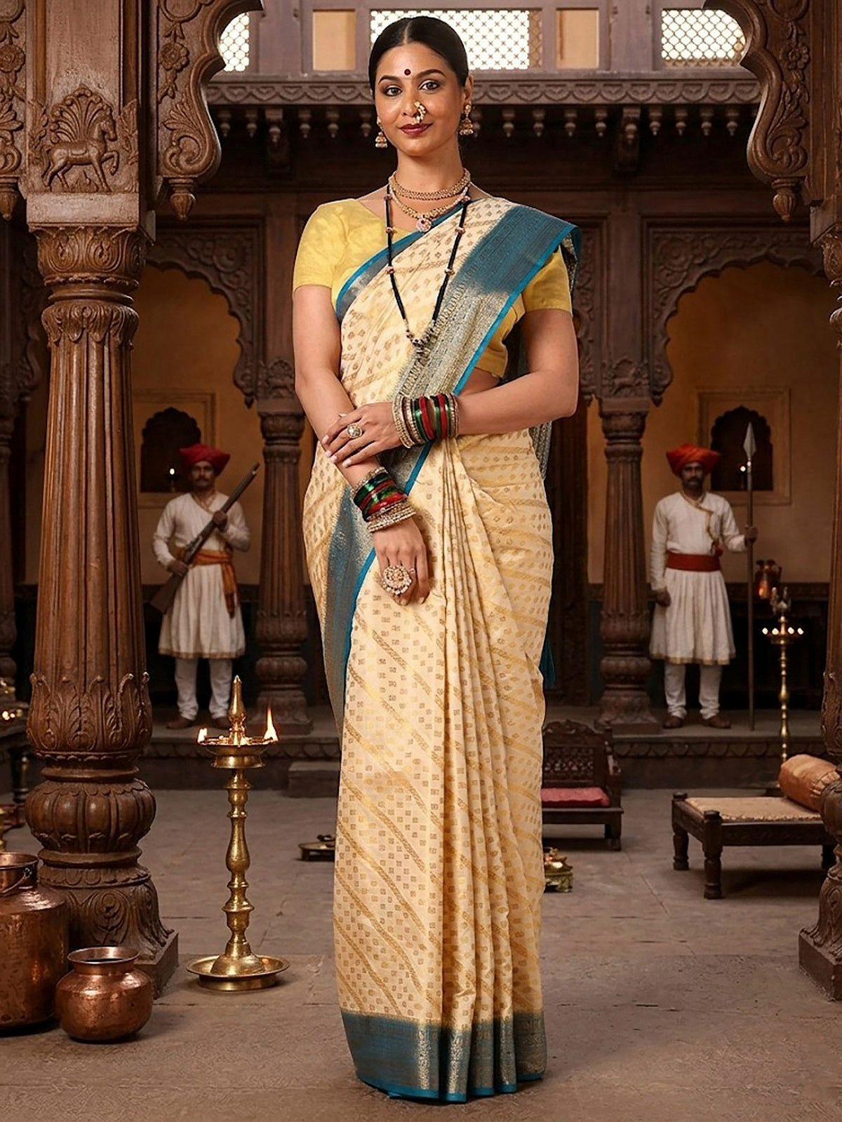 Off White Peacock Blue Woven Design Balaton Saree