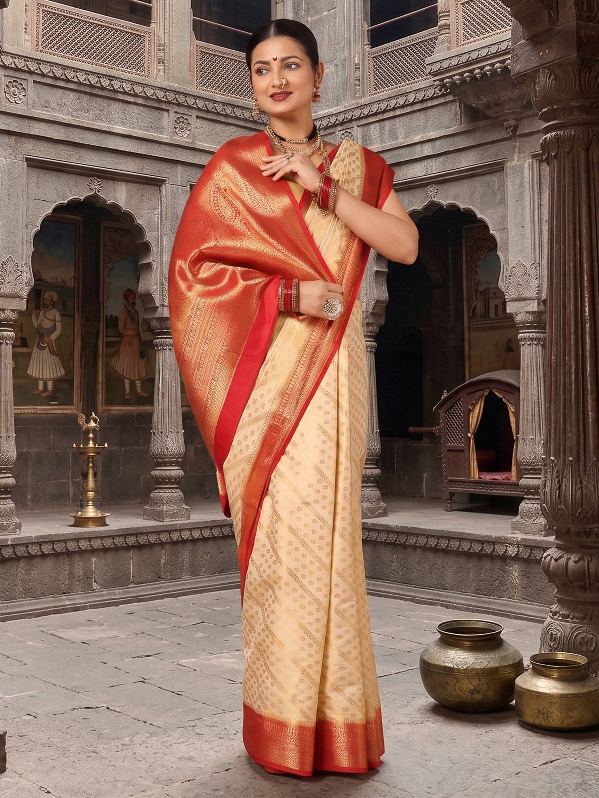 Off White Red Woven Design Balaton Saree