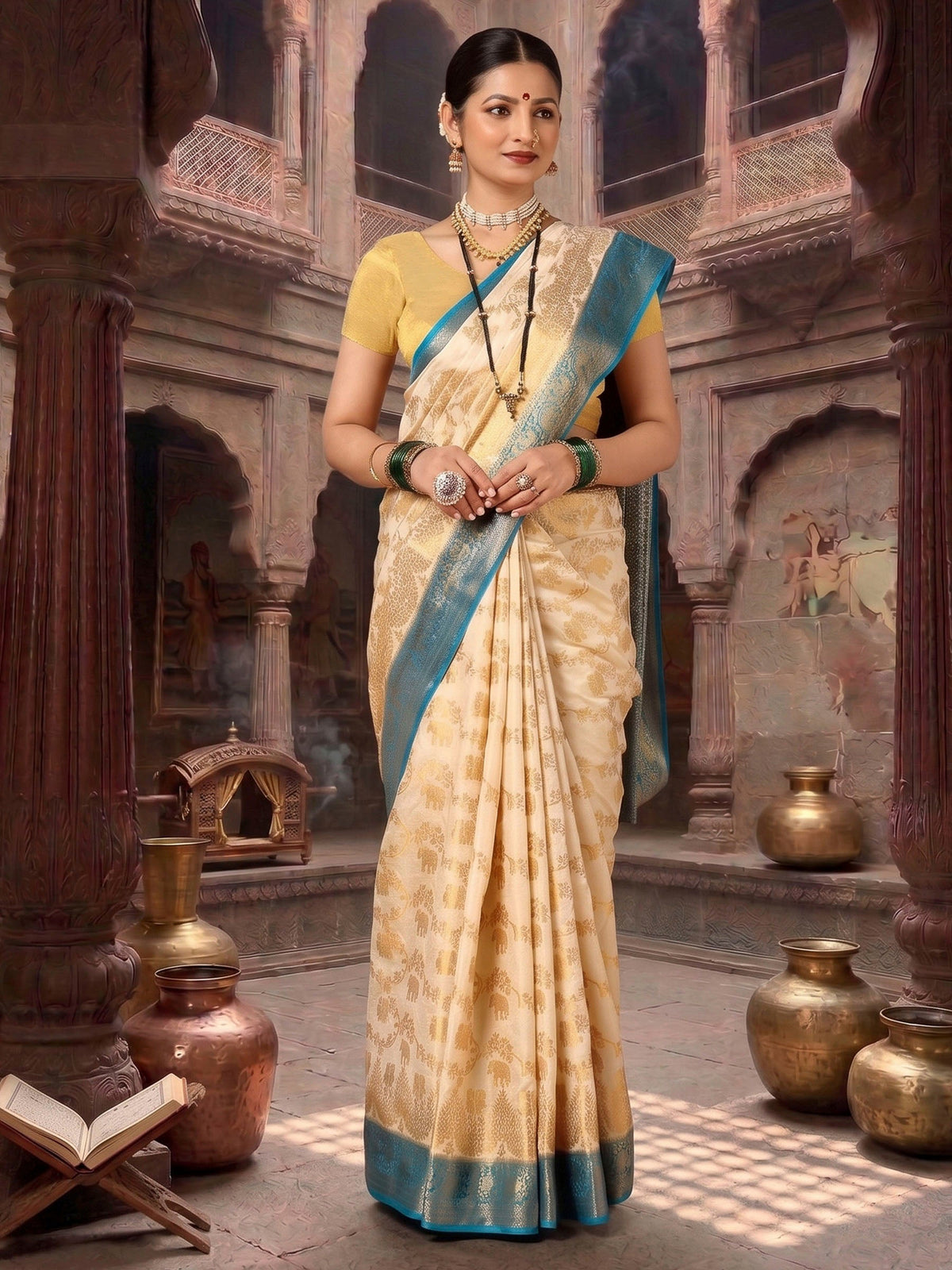 Off White Blue Woven Design Balaton Saree