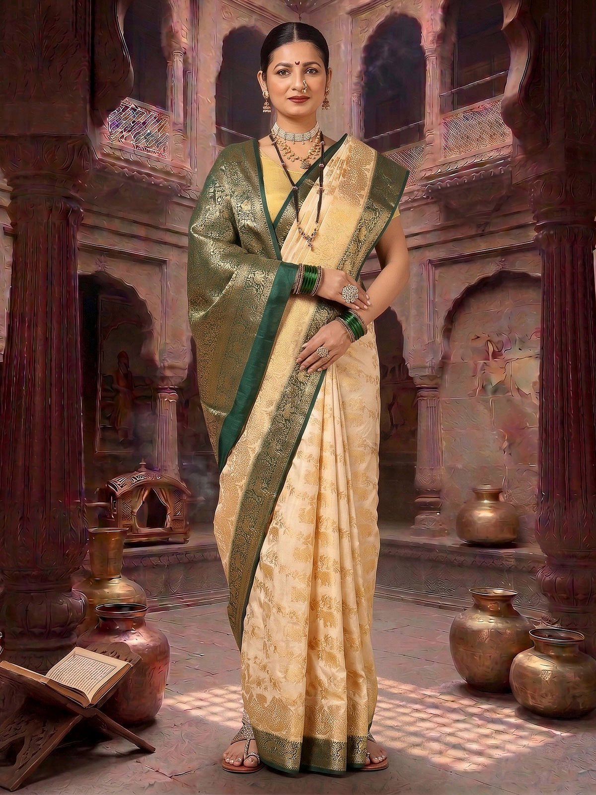 Off White Green Woven Design Balaton Saree