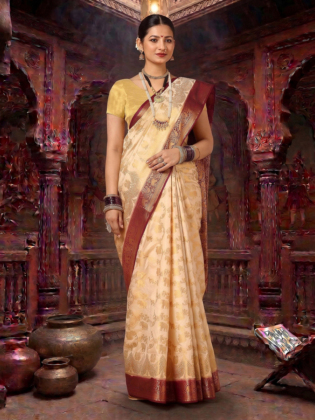 Off White Maroon Woven Design Balaton Saree