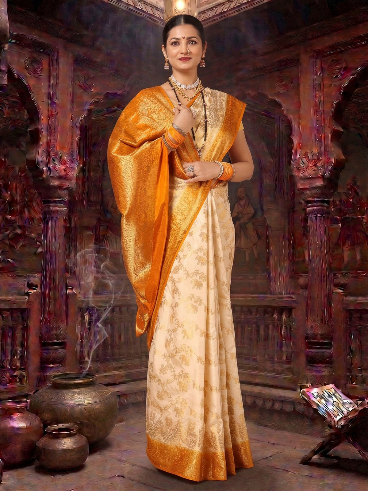 Off White Mustard Woven Design Balaton Saree