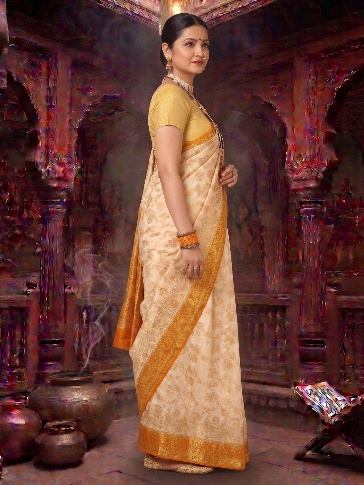 Off White Mustard Woven Design Balaton Saree