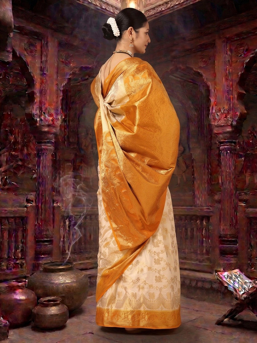 Off White Mustard Woven Design Balaton Saree