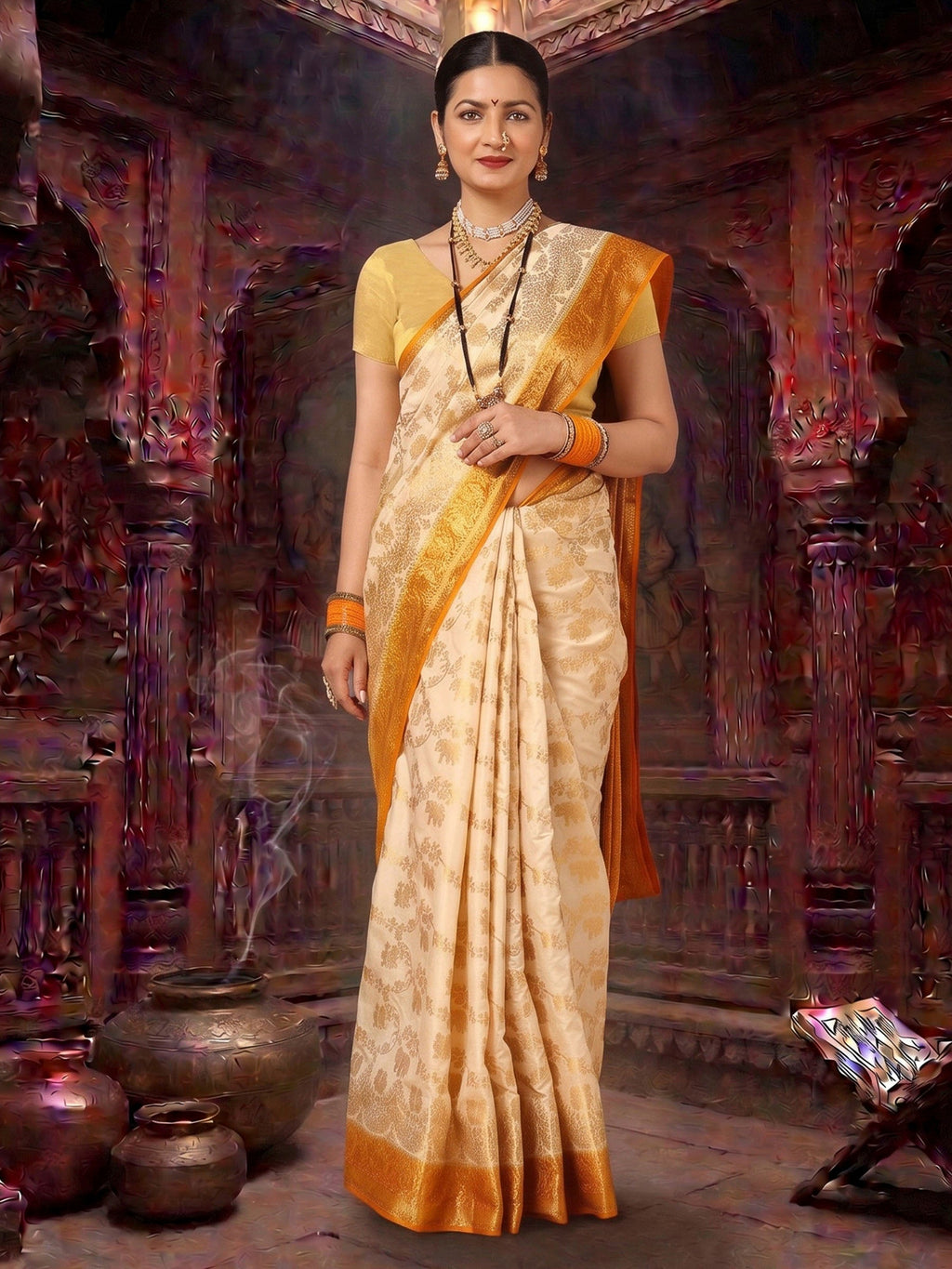 Off White Mustard Woven Design Balaton Saree