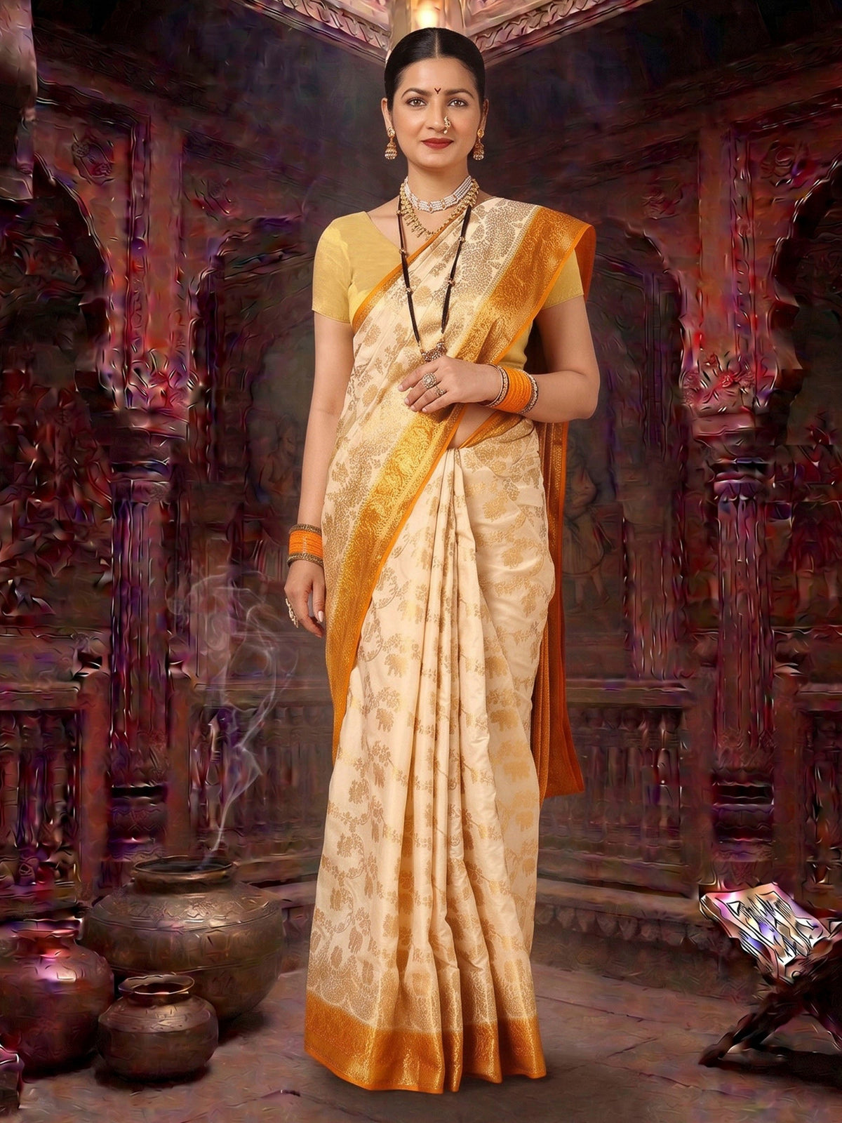 Off White Mustard Woven Design Balaton Saree