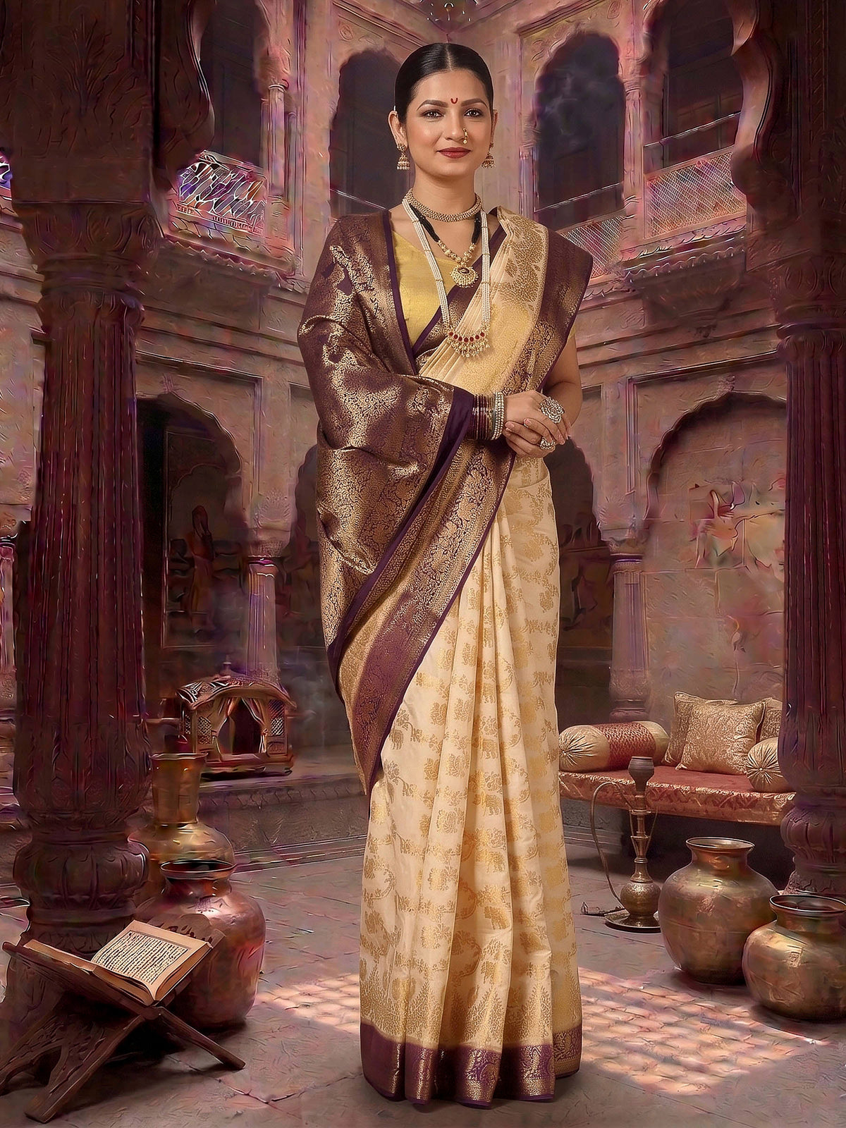 Off White Navy Woven Design Balaton Saree
