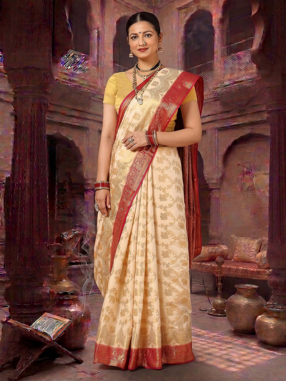 Off White Rani Pink Woven Design Balaton Saree