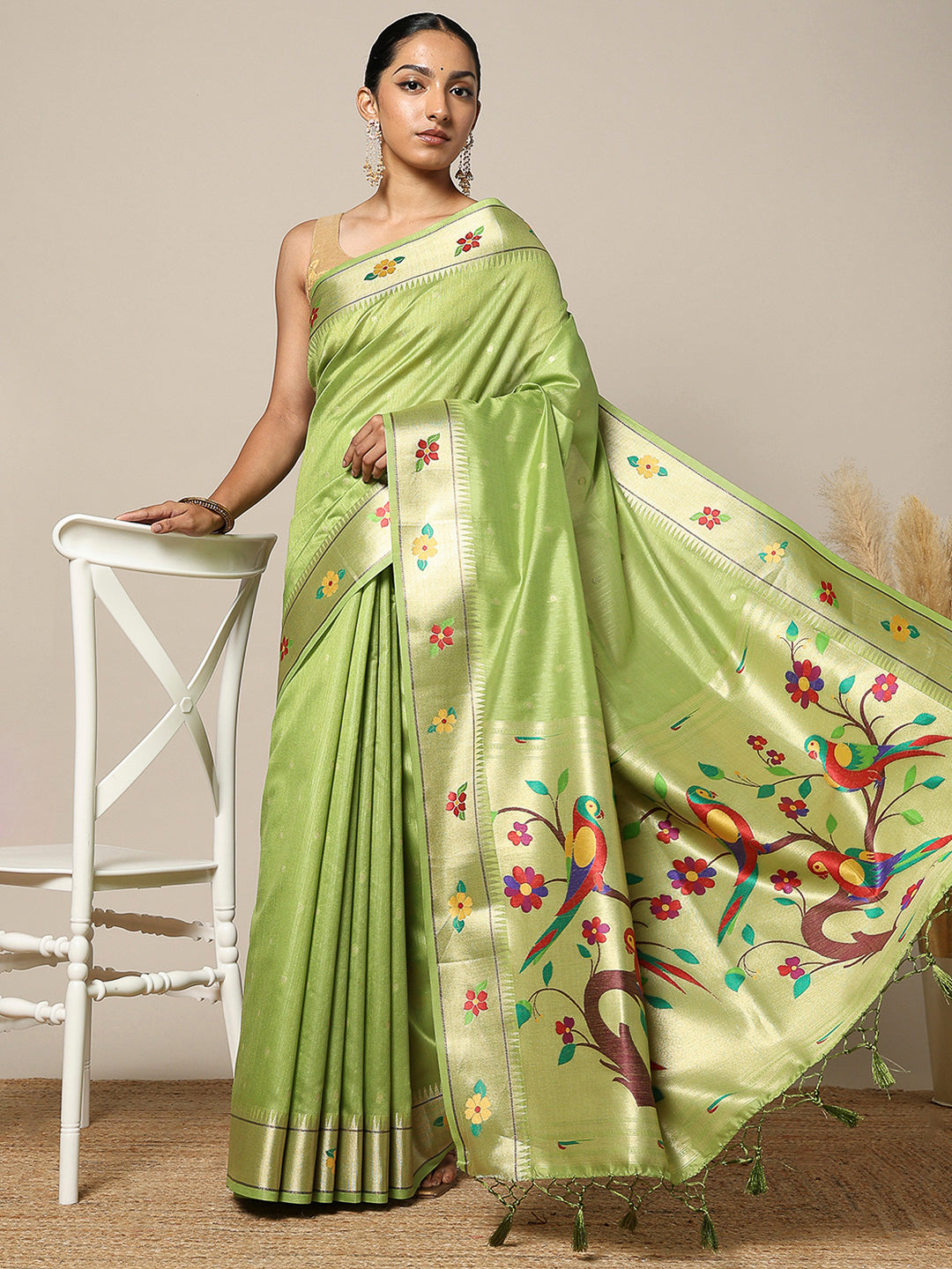 Olive-Green Tissue Woven Saree