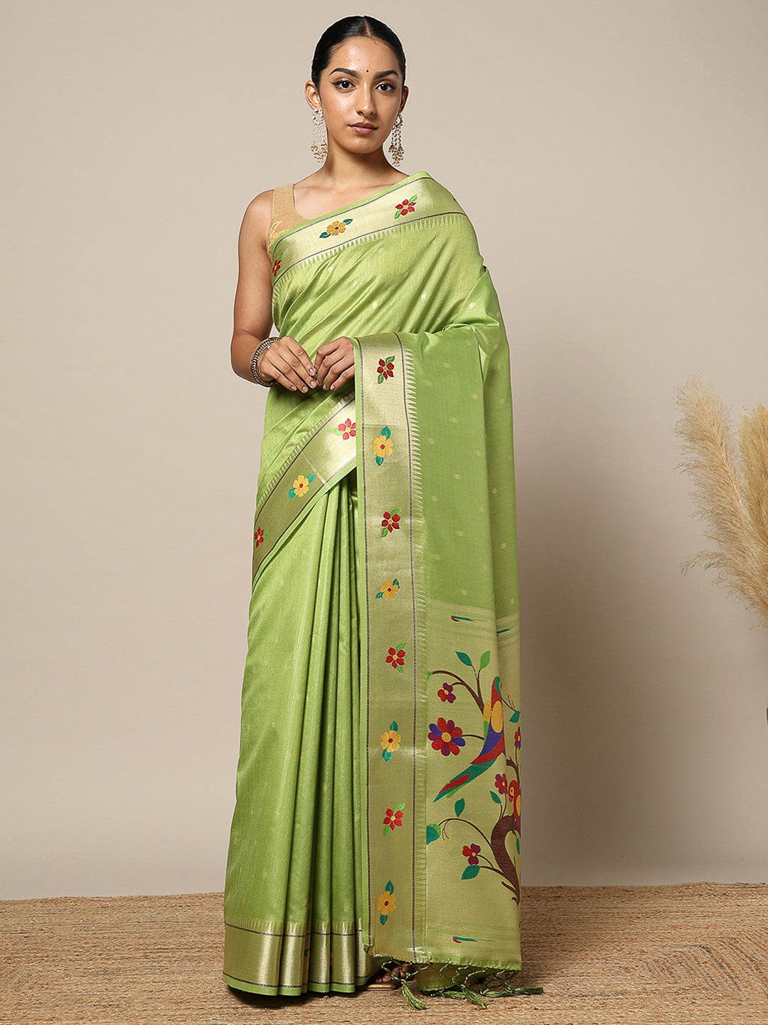 Olive-Green Tissue Woven Saree