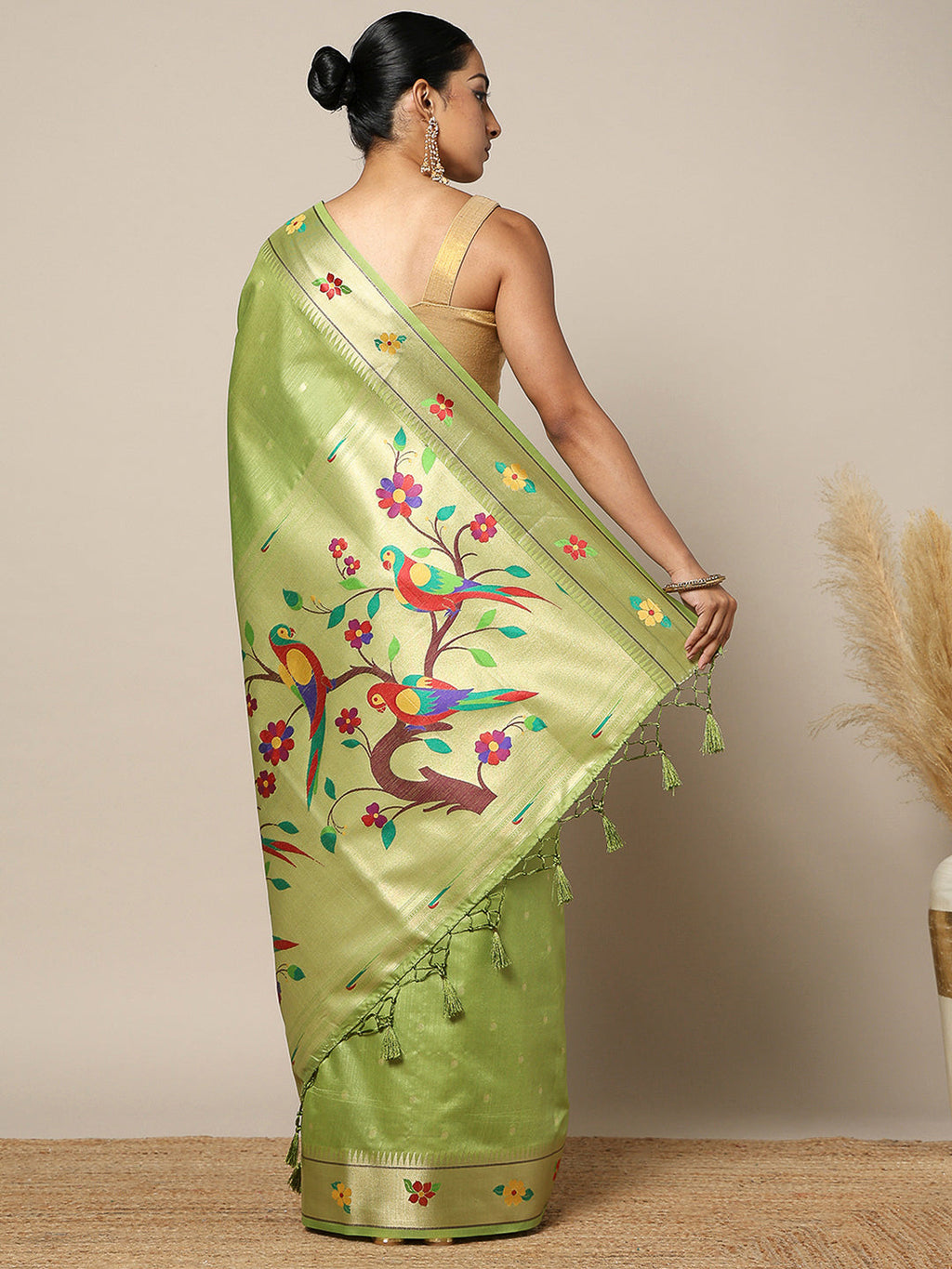 Olive-Green Tissue Woven Saree