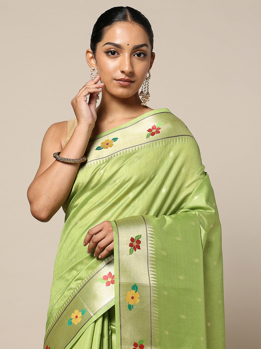 Olive-Green Tissue Woven Saree