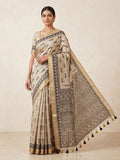 Off White Linen Blend Printed Saree