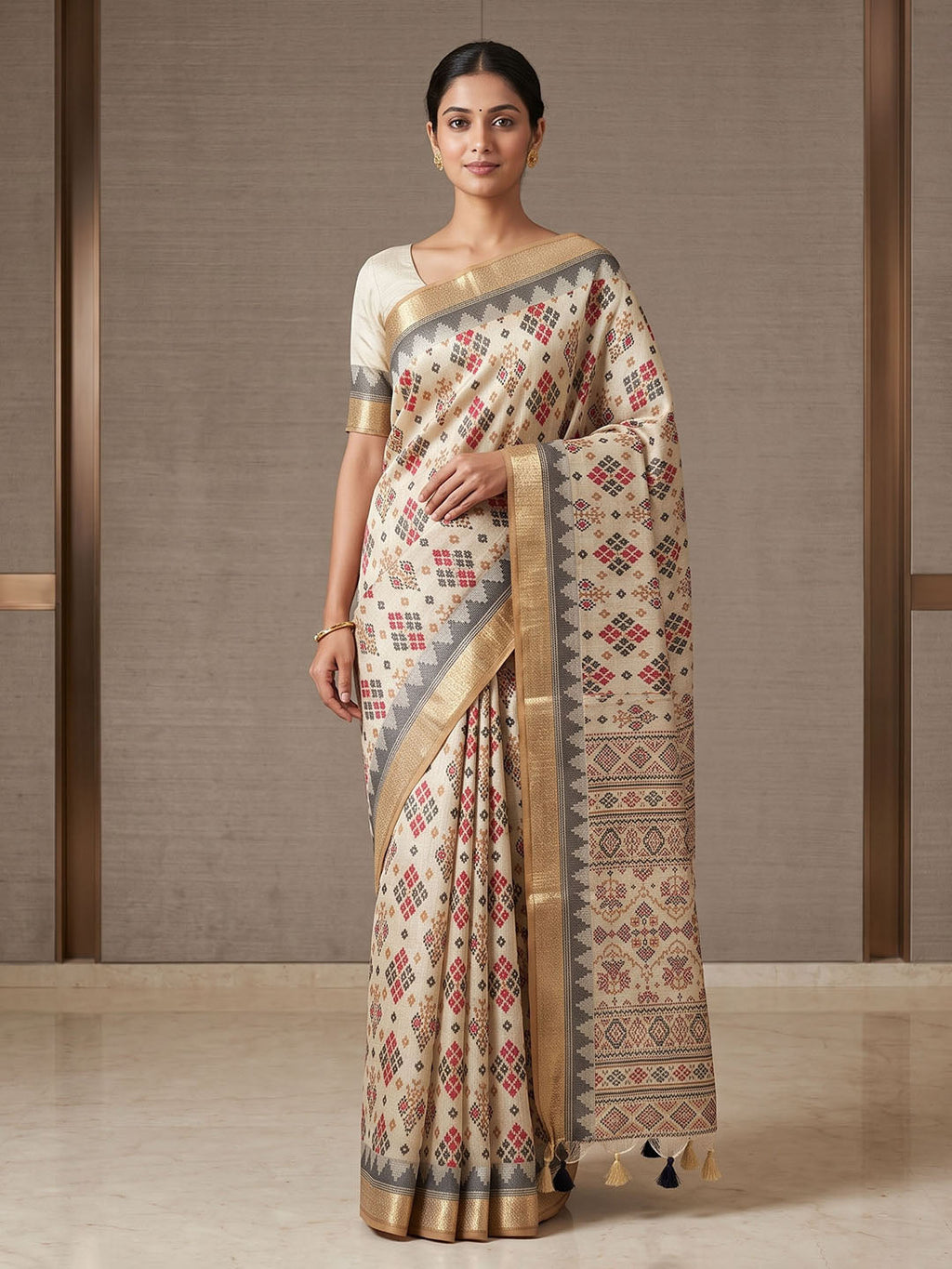 Off White Linen Blend Printed Saree