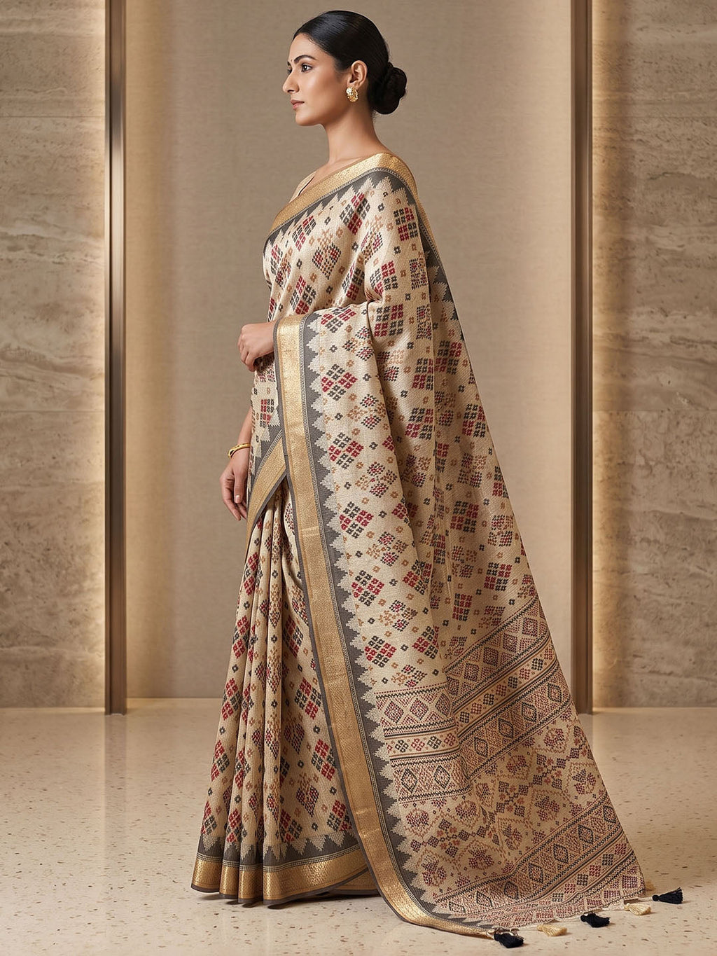 Off White Linen Blend Printed Saree
