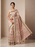 Off White Linen Blend Printed Saree