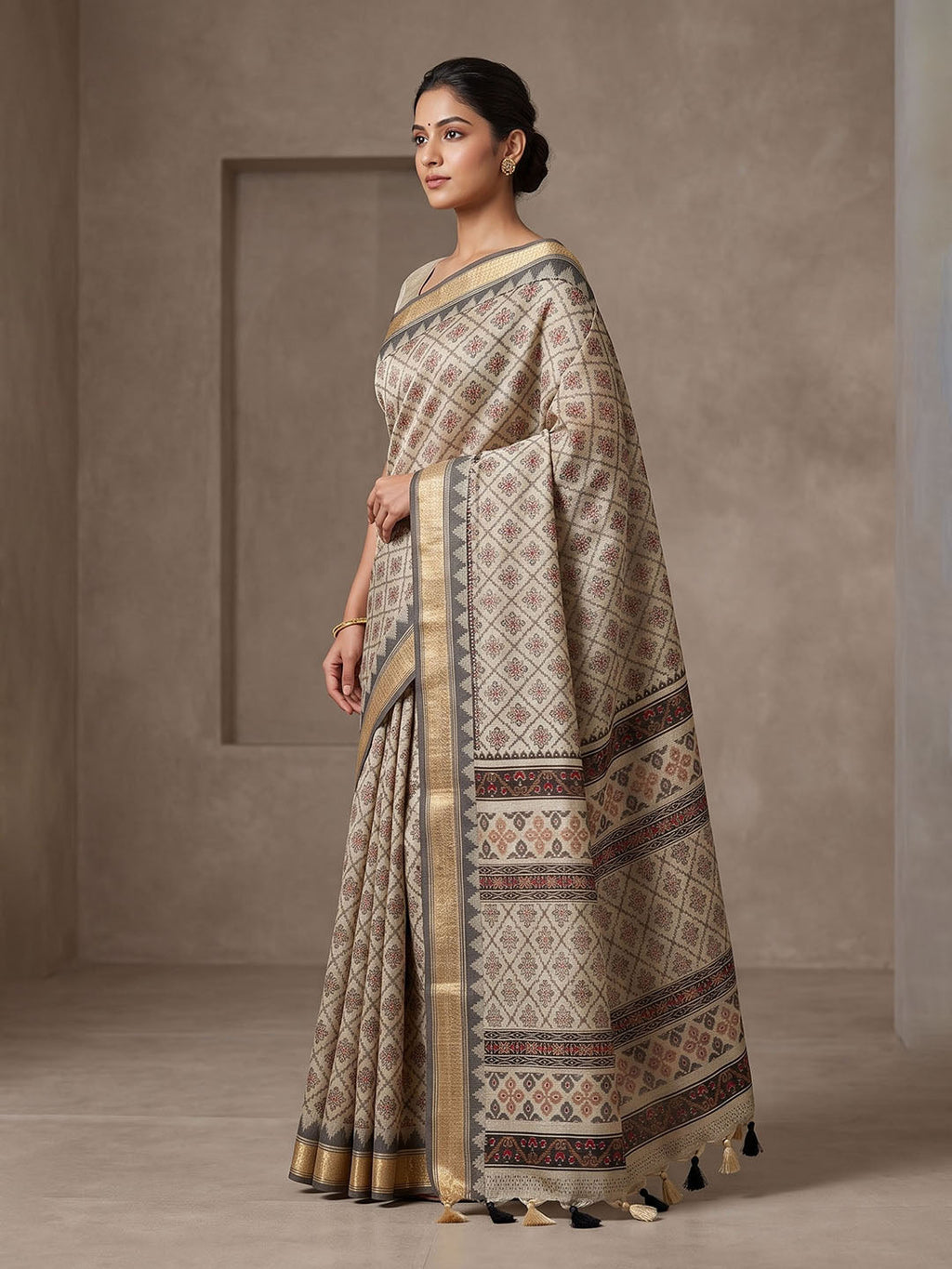 Off White Linen Blend Printed Saree