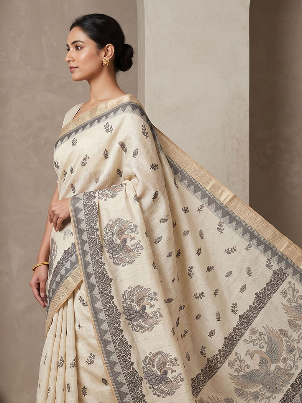 Off White Linen Blend Printed Saree