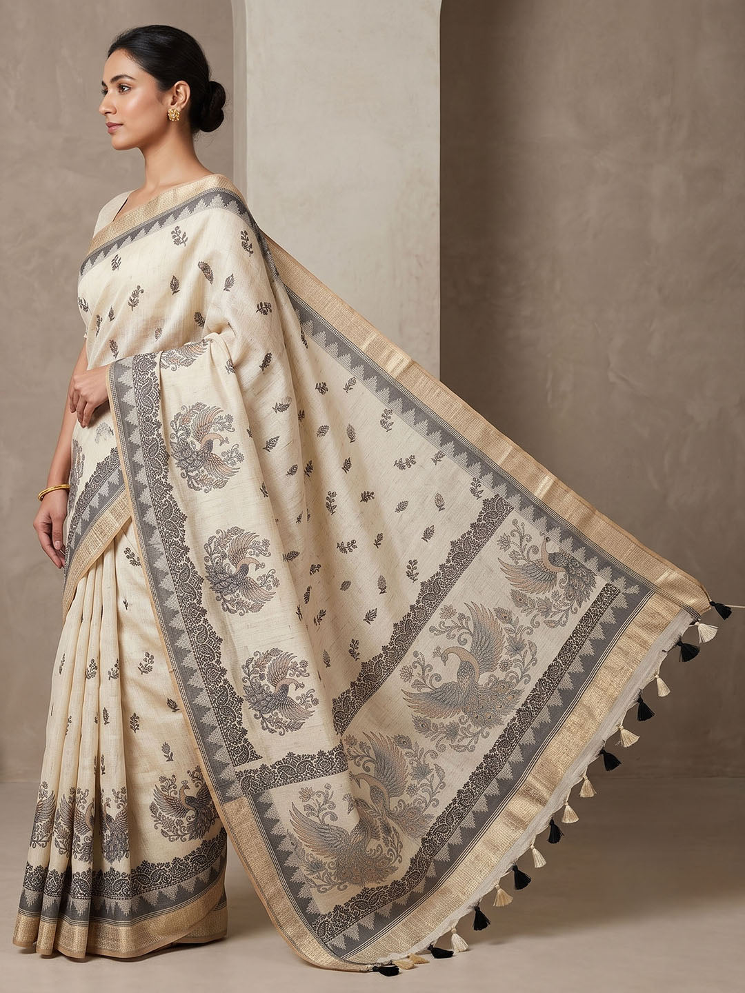 Off White Linen Blend Printed Saree