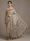 Off White Linen Blend Printed Saree
