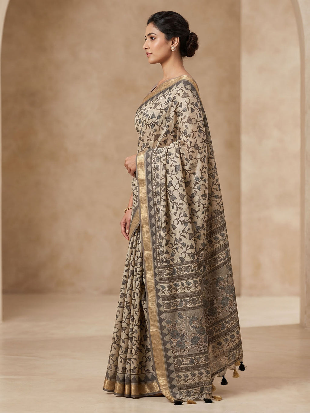 Off White Linen Blend Printed Saree